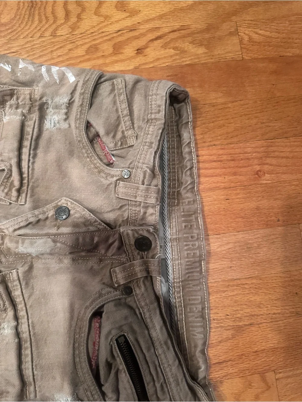 Y2K elite premium denim moto biker jeans beige distressed zip pocket streetwear